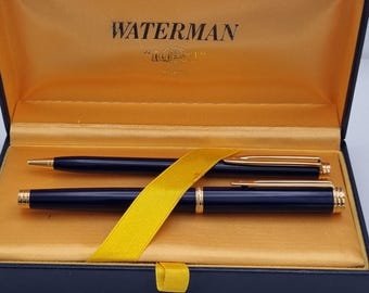 Waterman Gentleman Fountain Pen & Ballpoint Set 1989, 18K Gold Nib, Blue Lacquer, Complete with Box, Papers, Dated Receipt and Converter.