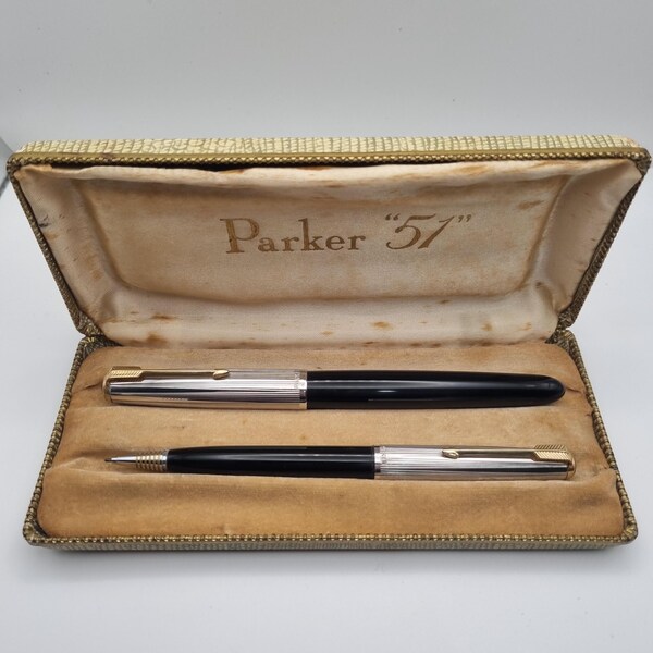 Rare English Parker 51 Set • Rolled Silver Caps • Fully Restored Fountain Pen & Pencil • 14K Gold Nib • 1950s Newhaven England • Gift Boxed