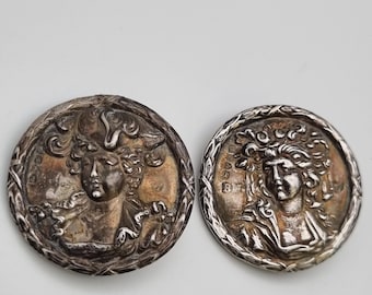Pair Vintage Sterling Silver Buttons, Greek Revival Arethusa Heads, Chester 1929 Hallmark, RM Maker, Art Deco Repoussé Classical Coin Design