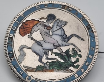 Antique Enamelled George III Silver Crown Brooch, St George and Dragon, Six Colour Victorian Enamel on Sterling Coin
