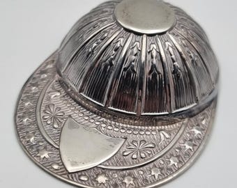 Sterling Silver Jockey Cap Stirrup Cup, Sheffield Hallmarked, Repousse Horse Racing Tot Cup, Vacant Cartouches, Equestrian Barware. 1969