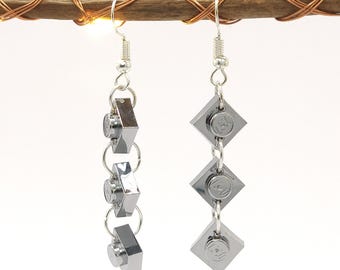 Triple Stack Earrings Handmade with LEGO(r) bricks that are chrome plated