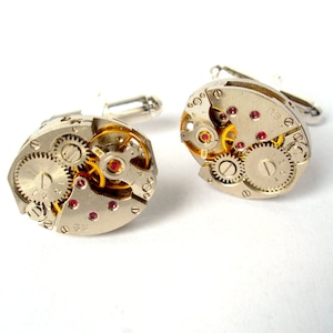 Valentines Day Gift Watch Movement Cufflinks with Rubies silver plated Clock Cufflinks Watch Cufflinks Steam Punk Cufflinks