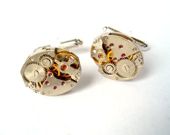 Valentines Day Gift Watch Movement Cufflinks with Rubies silver plated Clock Cufflinks Watch Cufflinks Steam Punk Cufflinks