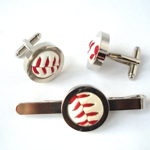 Cufflinks and Tie Clip Set made from Real Baseballs Cufflinks and Tie Bar Wedding Cufflinks Tie Slide Groom Cufflinks