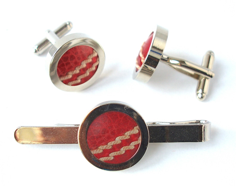 Real Cricket Ball Cufflinks and Tie Bar Set Groomsmen image 0