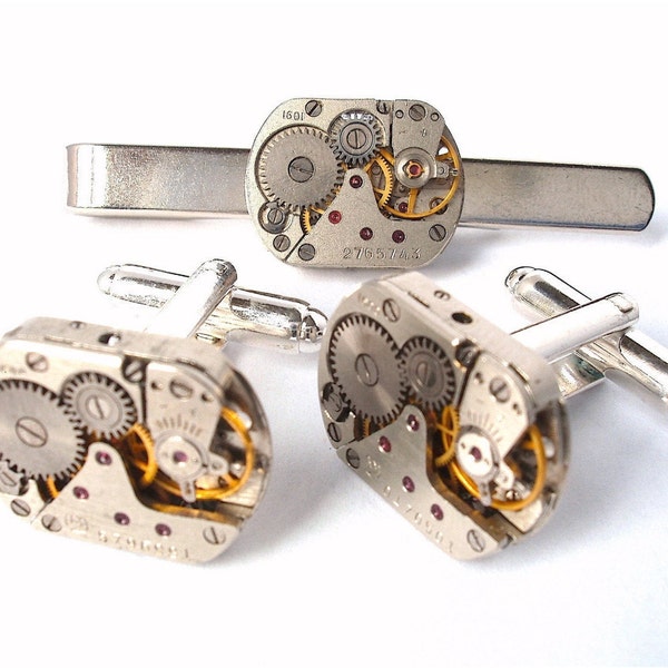 Steam Punk Watch Movement Cufflinks and Tie Clip Set Clock Cufflinks Watch Cufflinks Cufflinks Tie bar Steam Punk Cufflinks