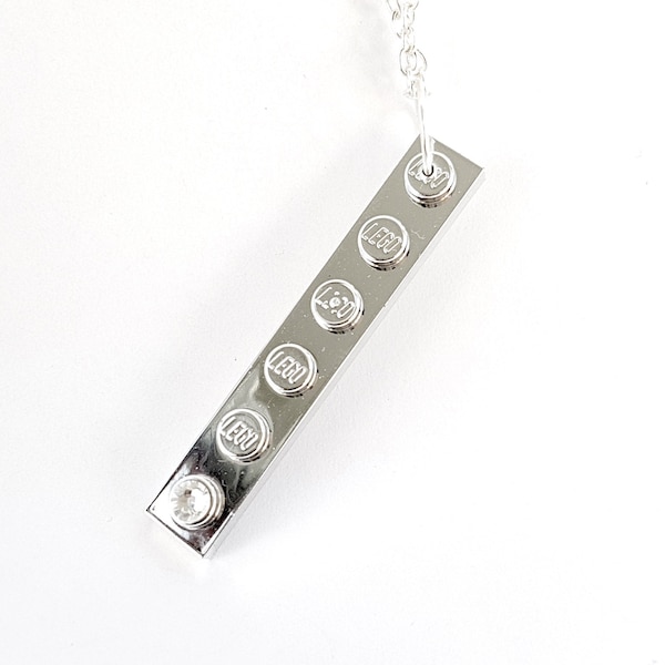 Chrome Bar Necklace Handmade with LEGO(r) Plates & embellished with a Diamante Crystal on a Silver Plated Chain Valentines Day Gift