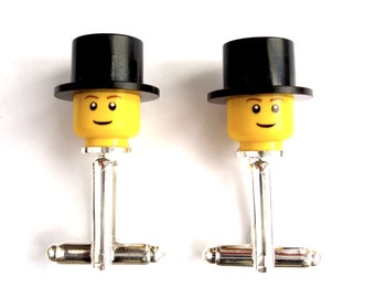 Groomsman Cufflinks Wedding Cufflinks Handmade with LEGO(r) Top Hats and heads silver plated