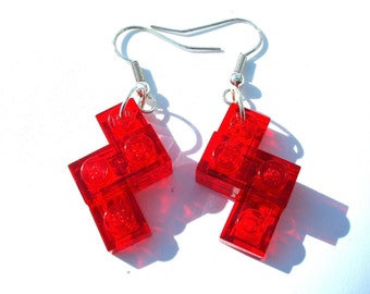 Luminous Ruby Red Lightening earrings Handmade with LEGO(r) 1x2 plates