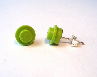 Lime Green silver plated earrings Handmade with LEGO(r) studs
