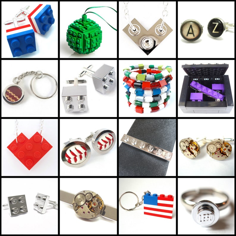 May include: A collection of 12 different cufflinks, tie bars, keychains, and rings made from LEGO bricks. The designs include a red heart, a baseball, a green Christmas tree, a US flag, and a pair of cufflinks with the letters "A" and "Z".