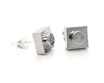 Metallic Chrome Square Stud Earrings Handmade with LEGO bricks with silver plated butterfly backs