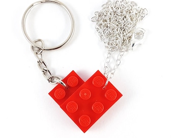 HIS and HERS Heart Necklace and Keyring Set, Mr and Mrs - Handmade with LEGO(r) plates - Love Heart Necklace & Keychain - Anniversary Gift