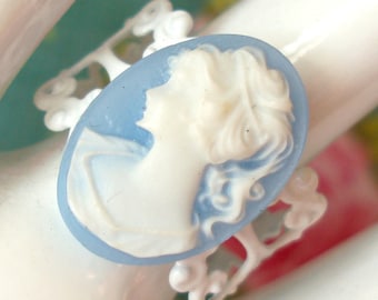 Vintage Cameo Ring Vintage Style Blue & White Cameo Ring Antique Style Ring Adjustable Filigree Ring