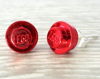 Metallic Red Stud Earrings Handmade using chromed LEGO(r) bricks, ruby wedding anniversary gift 40th, dainty earrings, childrens earrings