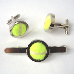 Cufflinks and Tie Bar made from Real Tennis Balls Groomsmen Cufflinks & Tie Clip Wedding Cufflinks Tie Slide Groom Cufflinks