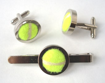 Real Tennis Ball Cufflinks and Tie Bar Set Groomsmen Cufflinks & Tie Clip Wedding Cufflinks Tie Slide Groom Cufflinks Fathers Day