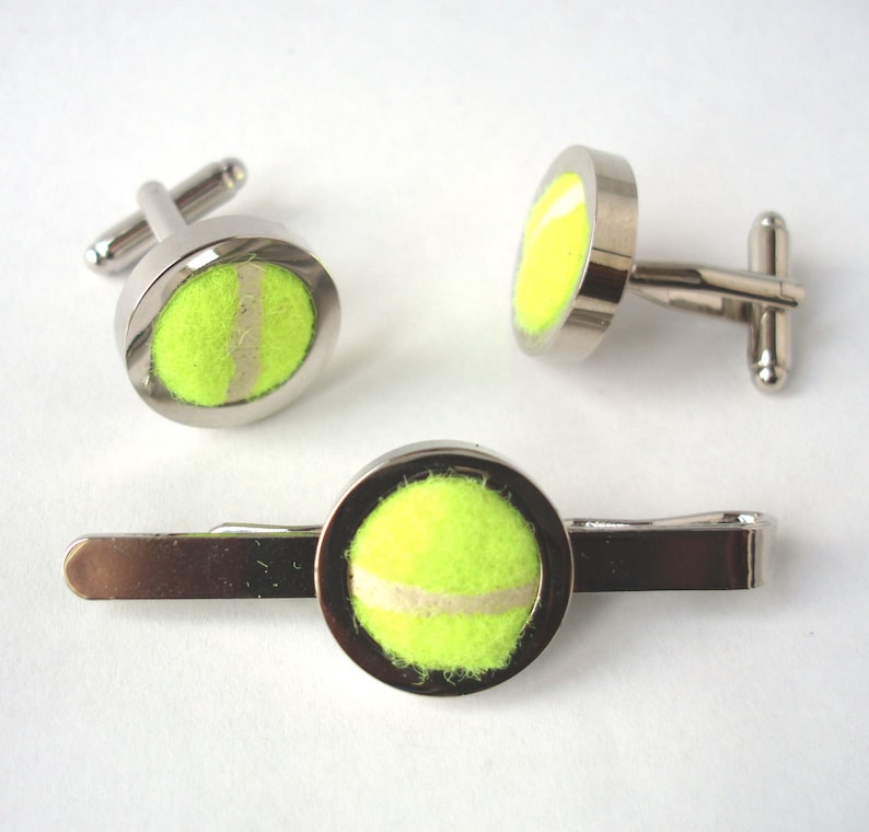 Cufflinks and Tie Bar made from Real Tennis Balls Groomsmen Cufflinks /& Tie Clip Wedding Cufflinks Tie Slide Groom Cufflinks