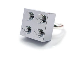 Metallic Silver Ring Handmade with a Chrome Plated LEGO(r) Brick.