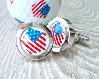 USA Golf Ball Cufflinks - Handmade from a Real Golf Ball - American Flag