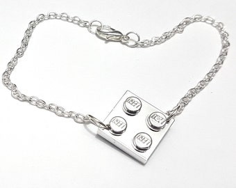 Chrome Silver Brick Charm Bracelet Handmade with LEGO Plates on a Silver Plated Chain - Valentines Day Gift