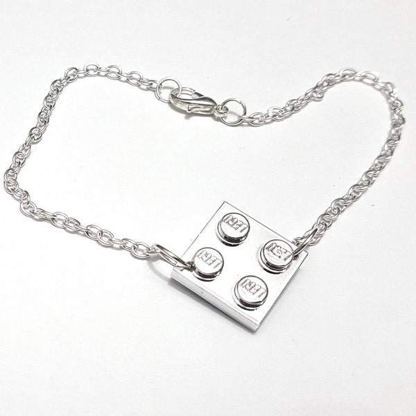 Chrome Silver Brick Charm Bracelet Handmade with LEGO Plates on a Silver Plated Chain - Valentines Day Gift