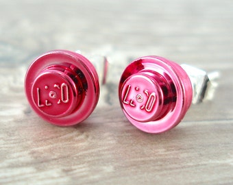 Metallic Pink Stud Earrings Handmade using chromed Pink LEGO(r) bricks small stud earrings rose pink round stud earrings