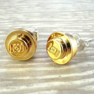 Metallic Gold Stud Earrings Handmade using chromed LEGO(r) bricks with silver plated or gold plated earring backs