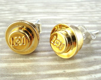 Metallic Gold Stud Earrings Handmade using chromed LEGO(r) bricks with silver plated or gold plated earring backs