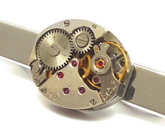 Watch Movement Tie Bar with Rubies silver plated Clock Tie Clip Watch Tie Slide Steam Punk Tie Pin