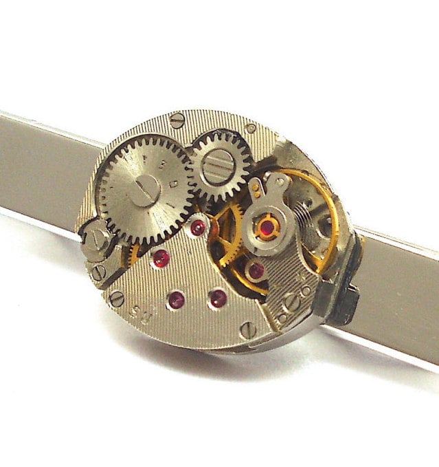 Watch Movement Tie Bar with Rubies silver plated Clock