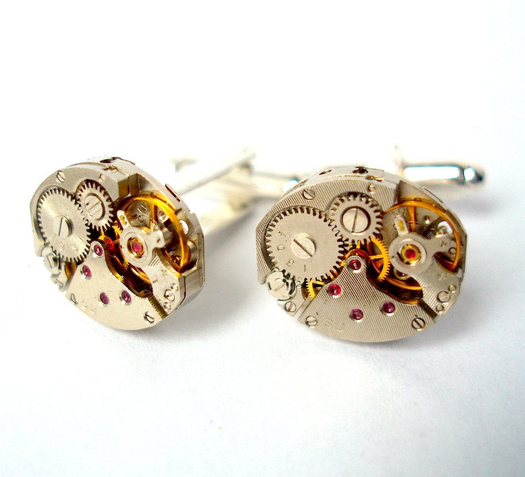 Watch Movement Cufflinks With Rubies Silver Plated Clock -  Sweden
