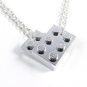 Metallic Silver Love Heart Friendship Necklaces x 2 - Set of Two Chrome Necklaces to make One Heart - Handmade with LEGO ® plates