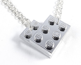 Metallic Silver Love Heart Friendship Necklaces x 2 - Set of Two Chrome Necklaces to make One Heart - Handmade with LEGO ® plates