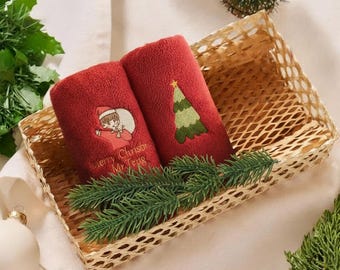 Personalized Christmas Embroidered Towel – Custom Name Cotton Bath Towel, Holiday Gift with Festive Cartoon Design for Family & Friends
