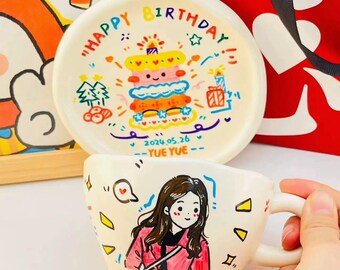 Custom Portrait Mug Set, Personalized Hand Painted Mug and Plate, Cartoon Avatar Cup, Birthday Gift for Friend Girlfriend Couple