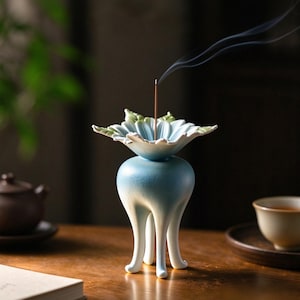 May include: A ceramic incense burner featuring a light blue, bulbous body supported by three slender, curved legs. The top is shaped like a blooming flower with pale blue petals and green leaf accents, holding a single burning incense stick.