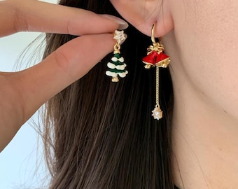 Asymmetrical Christmas Tree & Bell Earrings – Holiday Mismatch Dangle Jewelry