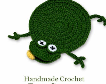 Crochet Frog Coaster, Handmade Cup Coaster, Cute Frog Decor, Kawaii Drink Mat, Crochet Mug Rug, Funny Gift Idea