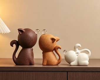 Ceramic Cat Family Figurines, Cat Decor Set of 3, Modern Cat Sculpture, Minimalist Home Decor, Cute Cat Statue Gift
