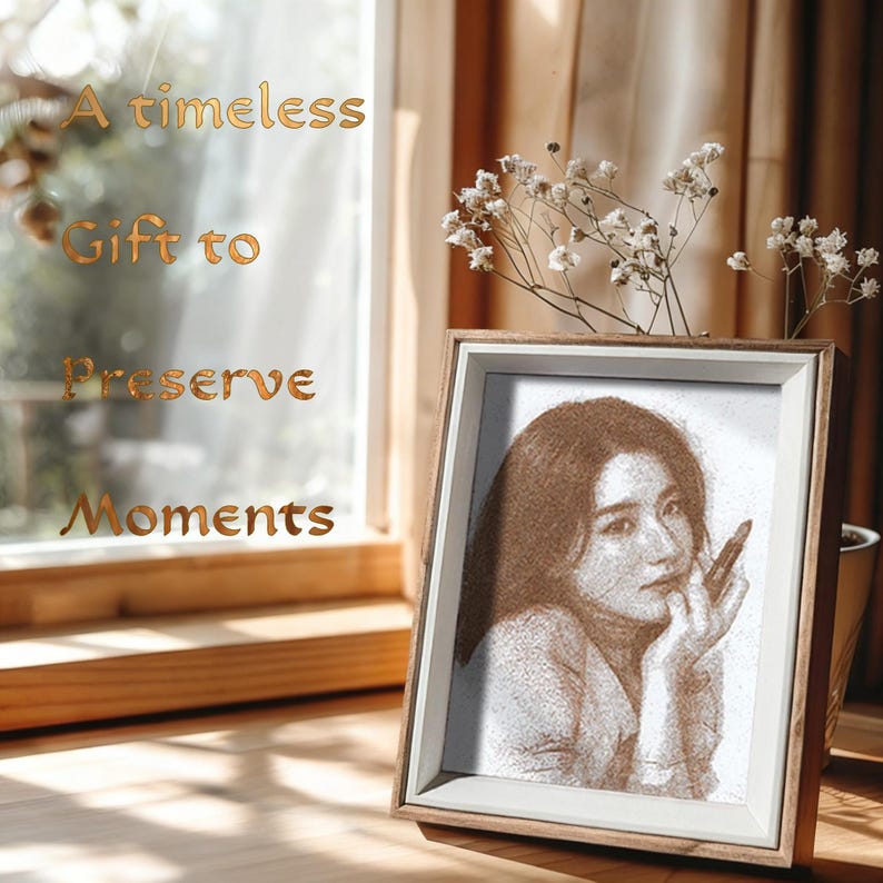 May include: A framed portrait of a woman in a light brown color scheme. The portrait is in a wooden frame, and the image has the text "A timeless Gift to Preserve Moments" on the window in the background.