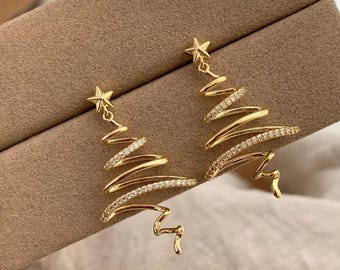 Christmas Tree Earrings - Hollow Design with Zircon, Dainty Christmas Jewelry, Holiday Gift, Gift for Her