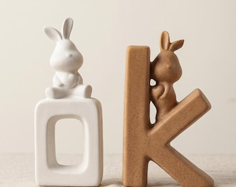 Wabi Sabi Bunny Letter Decor, Handmade Ceramic Rabbit Sculpture, Minimalist OK Figurine, Modern Shelf Home Decor