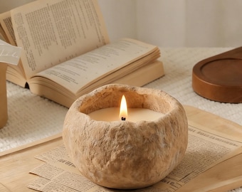 Textured Cement Soy Wax Candle, Minimalist Wabi-Sabi Home Decor, Custom Name Option