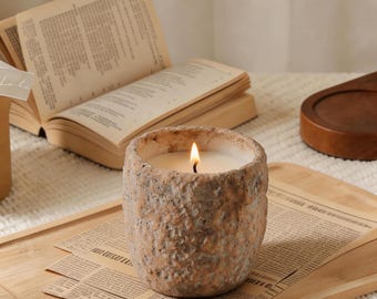 Textured Cement Planet Candle, Soy Wax, Minimalist Decor, Custom Name (Wedding Favor)