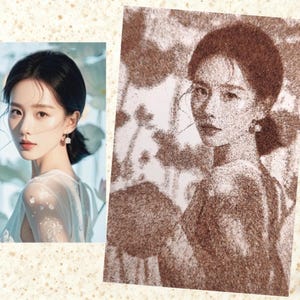 May include: Two images side-by-side. The left image is a color photograph of a woman with dark hair and a light blue dress. The right image is a sepia-toned portrait of the same woman, created with small dots.