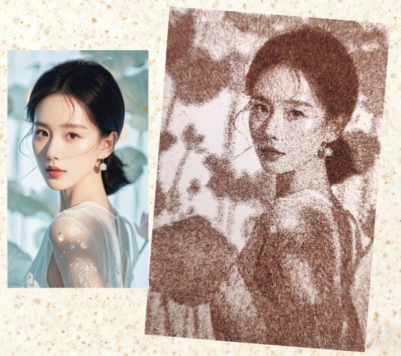 May include: Two images side-by-side. The left image is a color photograph of a woman with dark hair and a light blue dress. The right image is a sepia-toned portrait of the same woman, created with small dots.