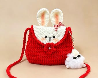 Knit Bunny Crossbody Bag, Cute Rabbit Purse, Cartoon Coin Bag, Girls Shoulder Bag, Kawaii Bunny Bag, Gift for Kids