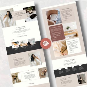 Puede incluir: Una plantilla de diseño web con una paleta de colores neutros en beige, blanco y negro. El diseño incluye secciones para servicios empresariales, testimonios e información de contacto, con fotografías integradas y un icono de logo circular.